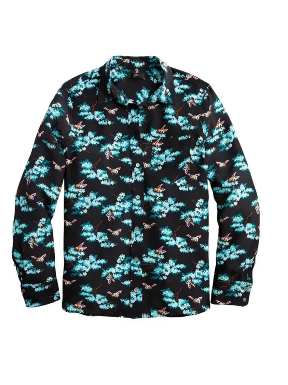 J. Crew Black Teal Botanical Bees 100% Silk Button Up Top, Classic Fit Boy Shirt